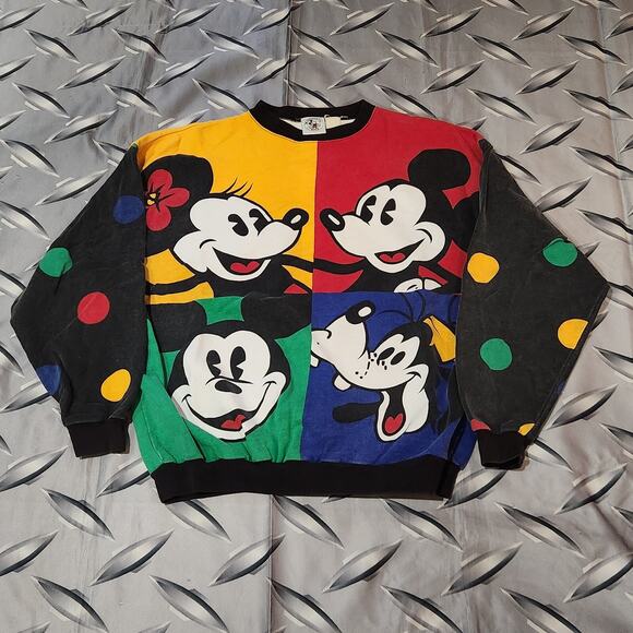 Vintage Mickey Minnie Mouse Goofy Sweatshirt Disney AOP Fits L - Picture 1 of 3